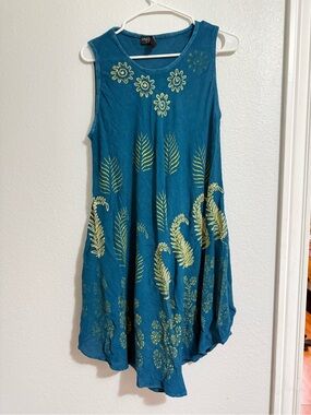 Boho Teal Sleeveless Embroidered Swing Dress